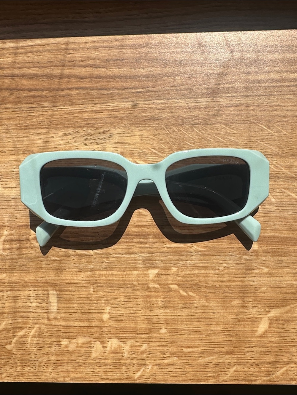 Prada Mint Green Rectangular Sunglasses with Dark Lenses
